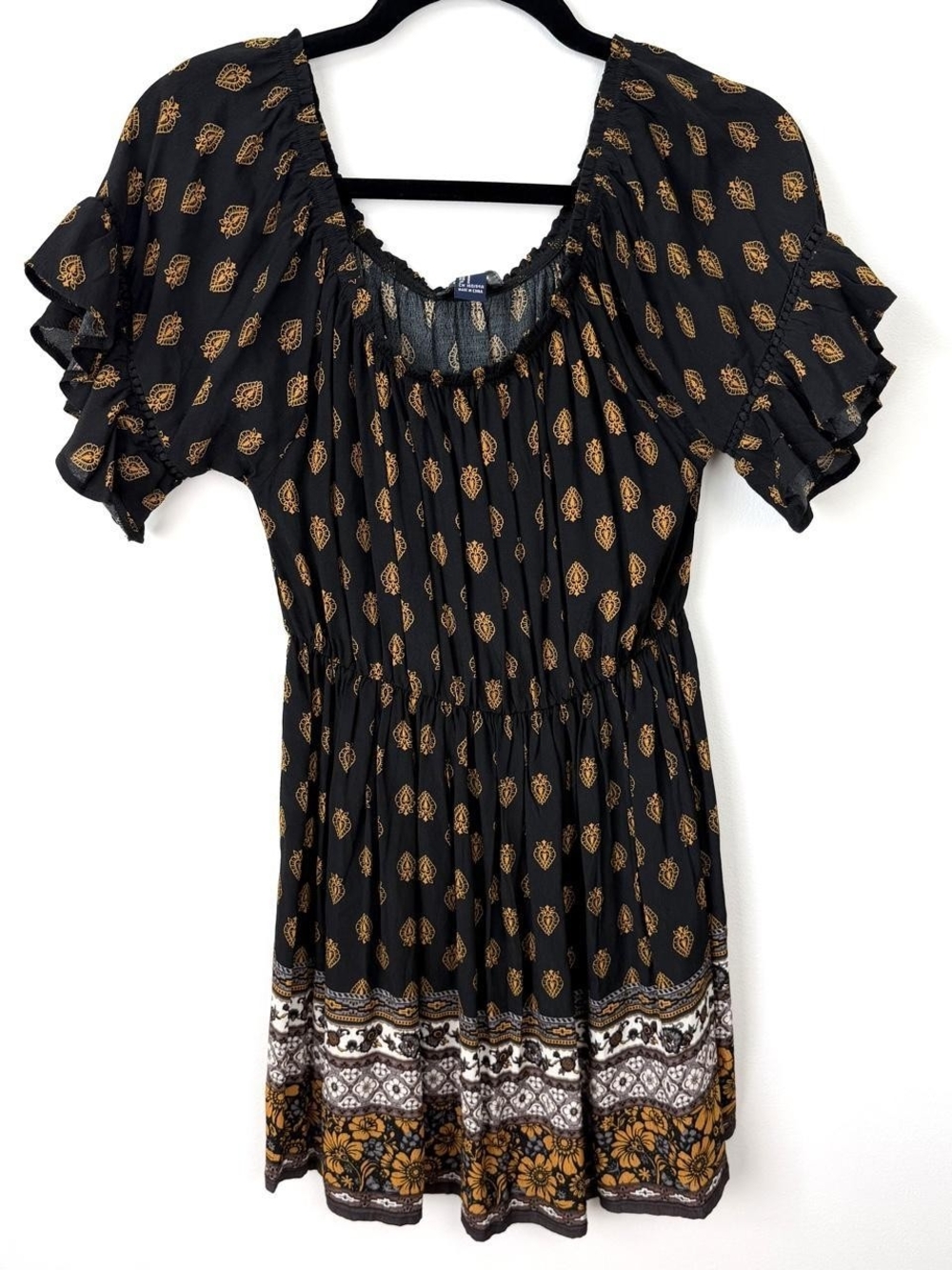 Forever 21 Black Dress with Gold Paisley & Border Print